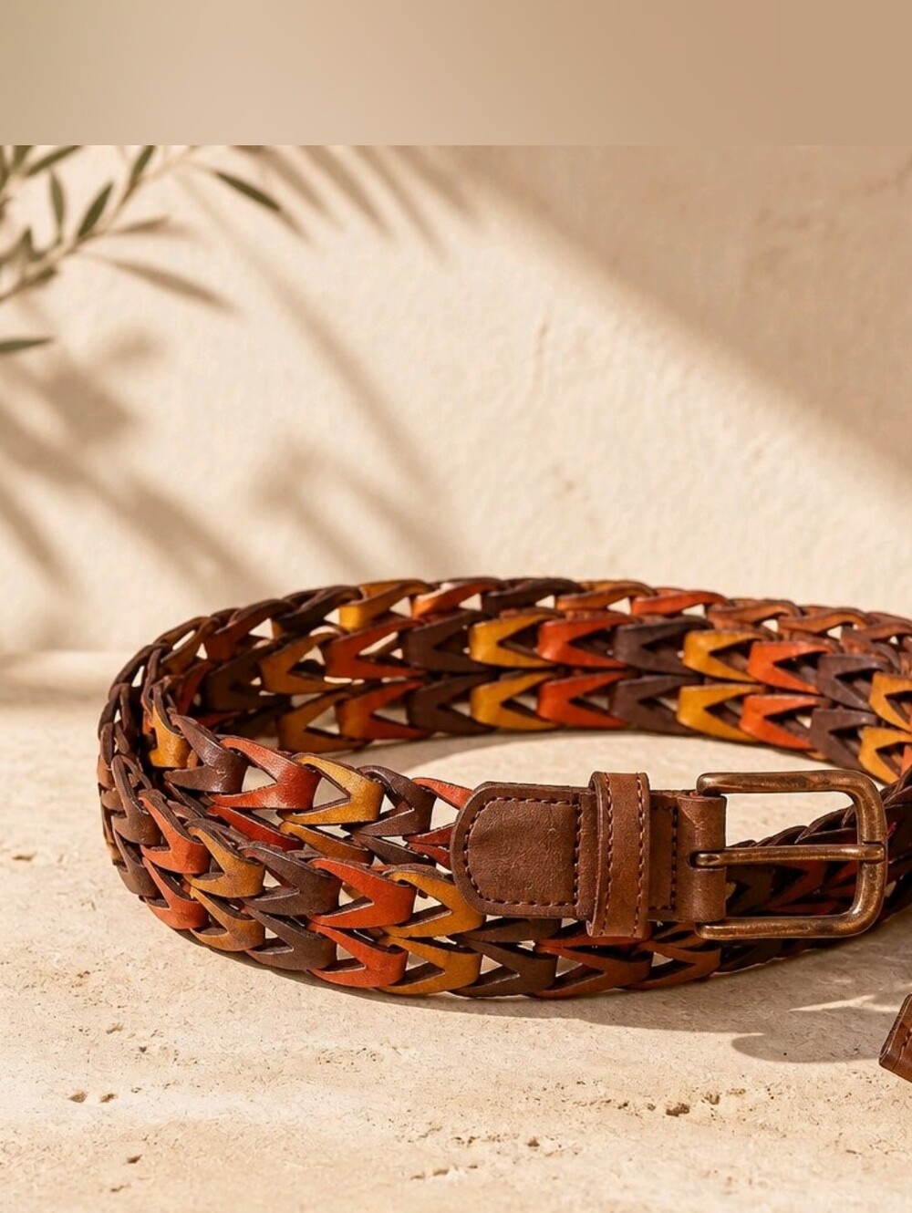 Vintage-Inspired Tri-Color Braided Leather Belt – Boho Chevron Woven Design